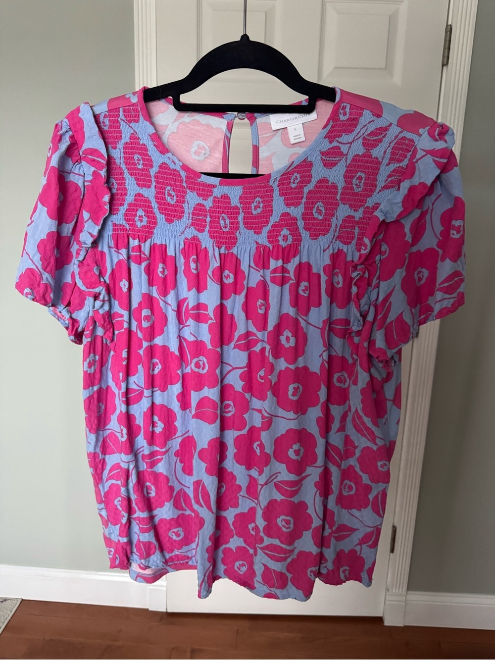 Charter Club Blue Top with Bright Pink Floral Print